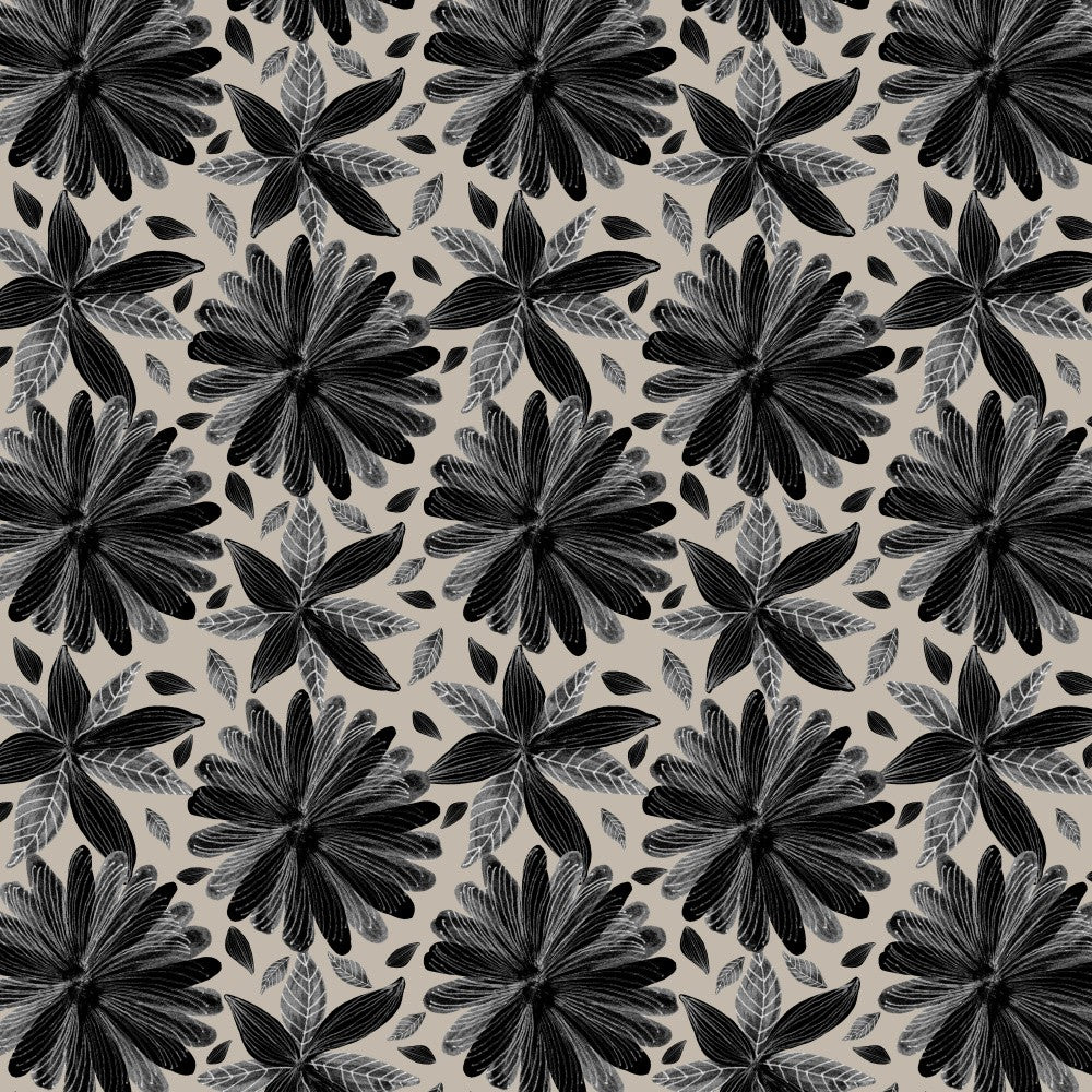 Black White On Taupe Blooming Florals