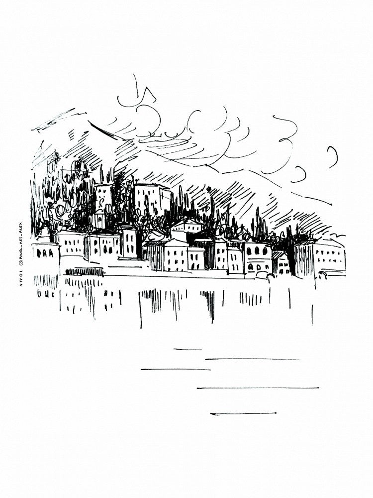 Italy Landscape Art Print, Lake Como Milan Drawing