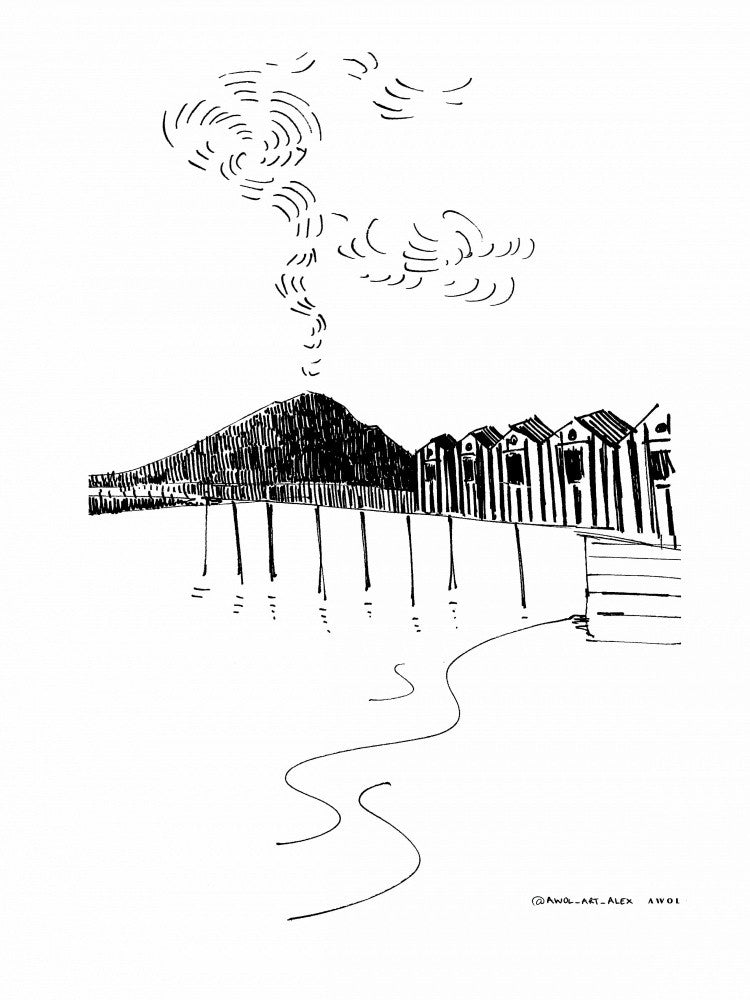By The Sea In Italy With Beach Huts And Mountain Volcano, Italian Landscape Art Print