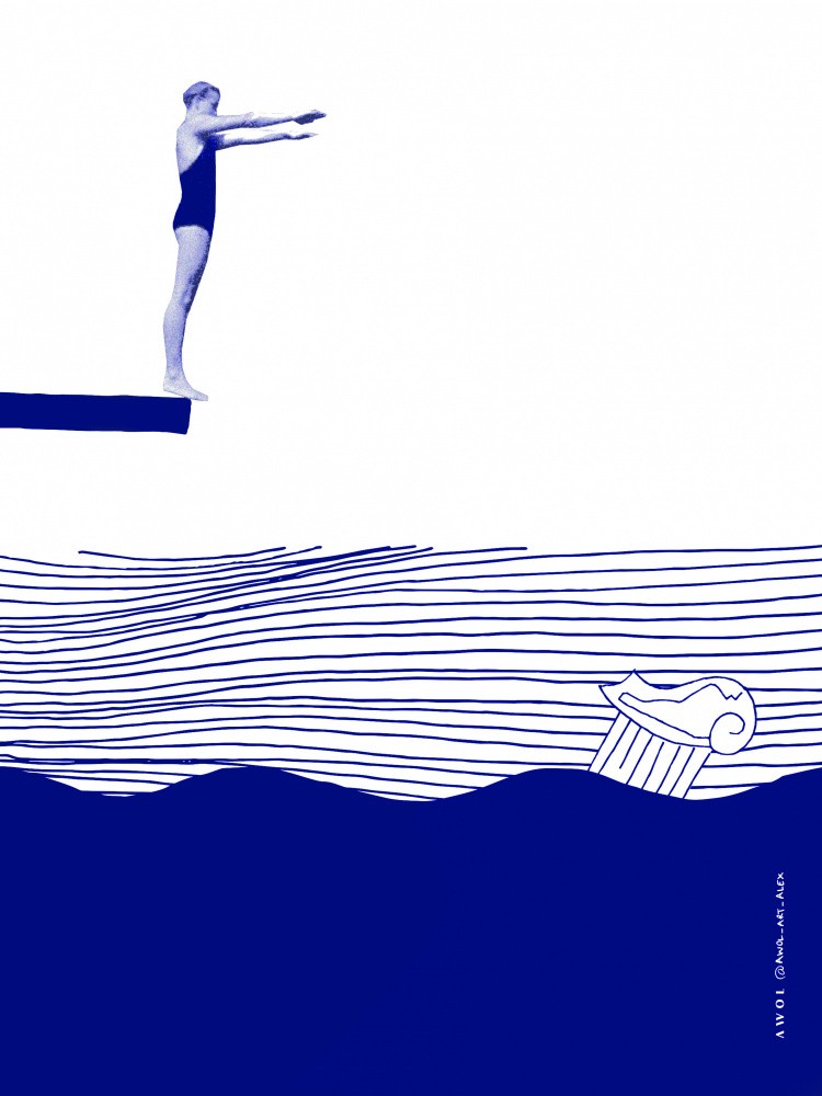 Modern Vintage Beach Wall Art, Nautical Art Print, Woman Swimming In Abstract Sea