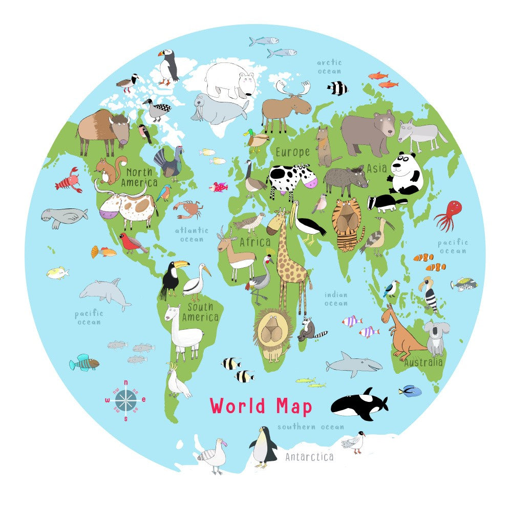 Illustrated World Map Animals and Fish Light Blue By Carla Daly