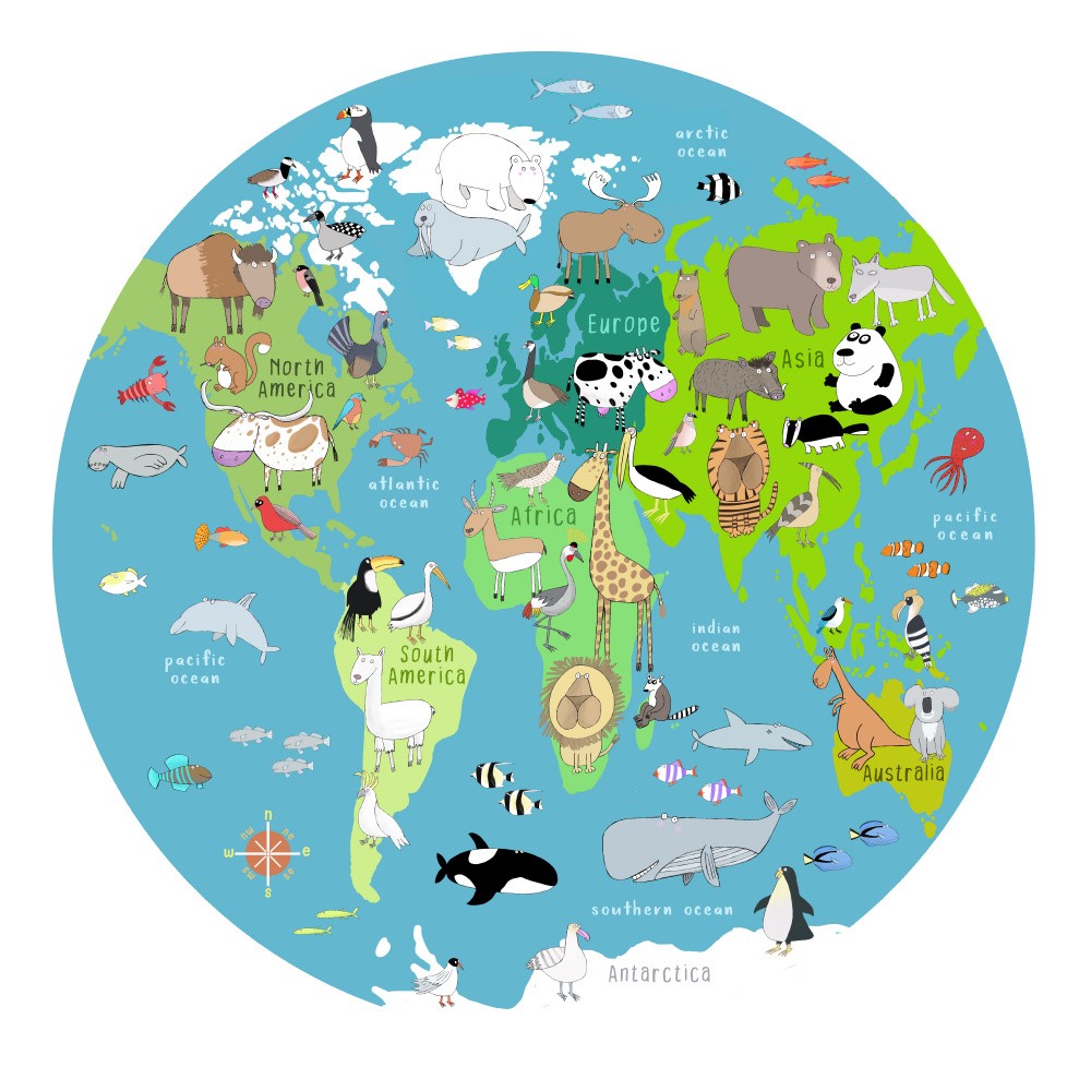 World Map with Animals by Carla Daly