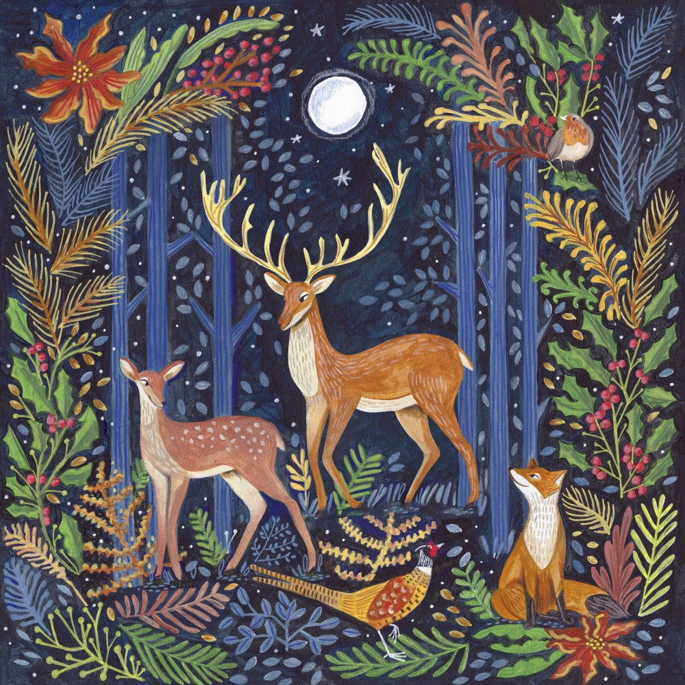 Woodland animals in dark forest by moonlight Christmas