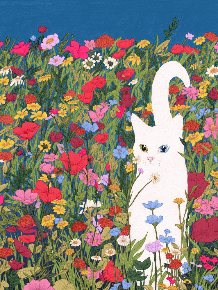 White Cat in the Wildflowers