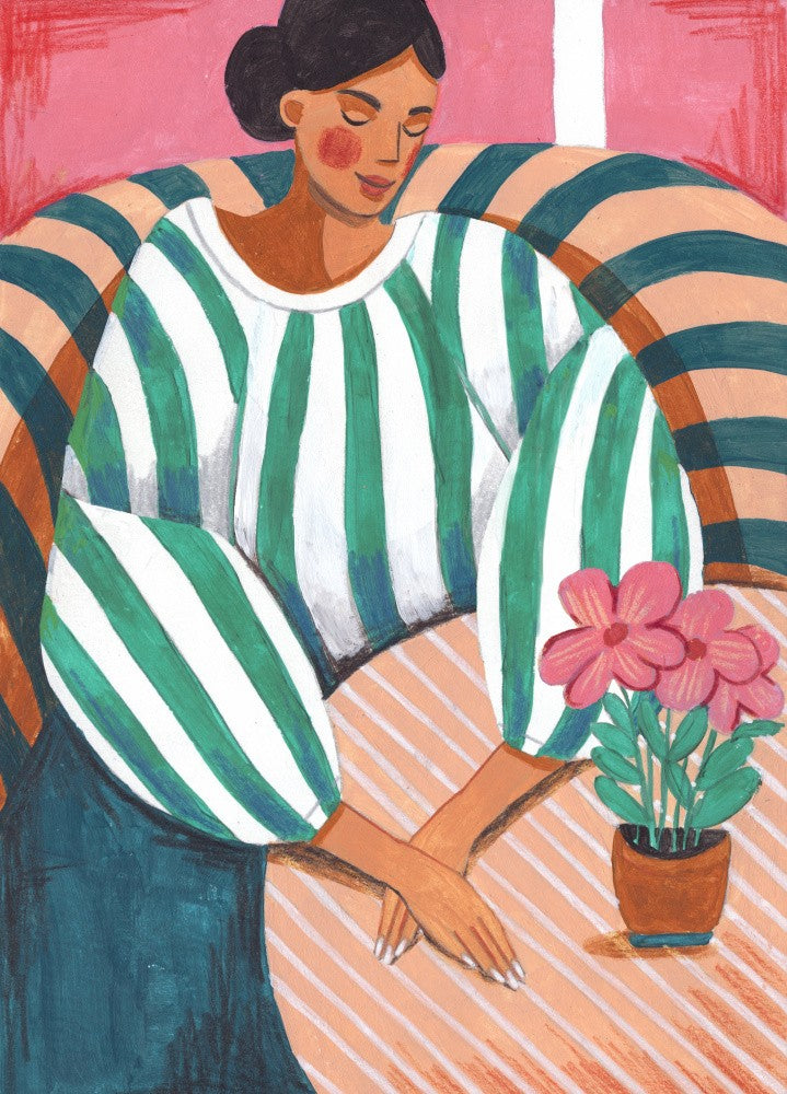 Woman in stripes in thought