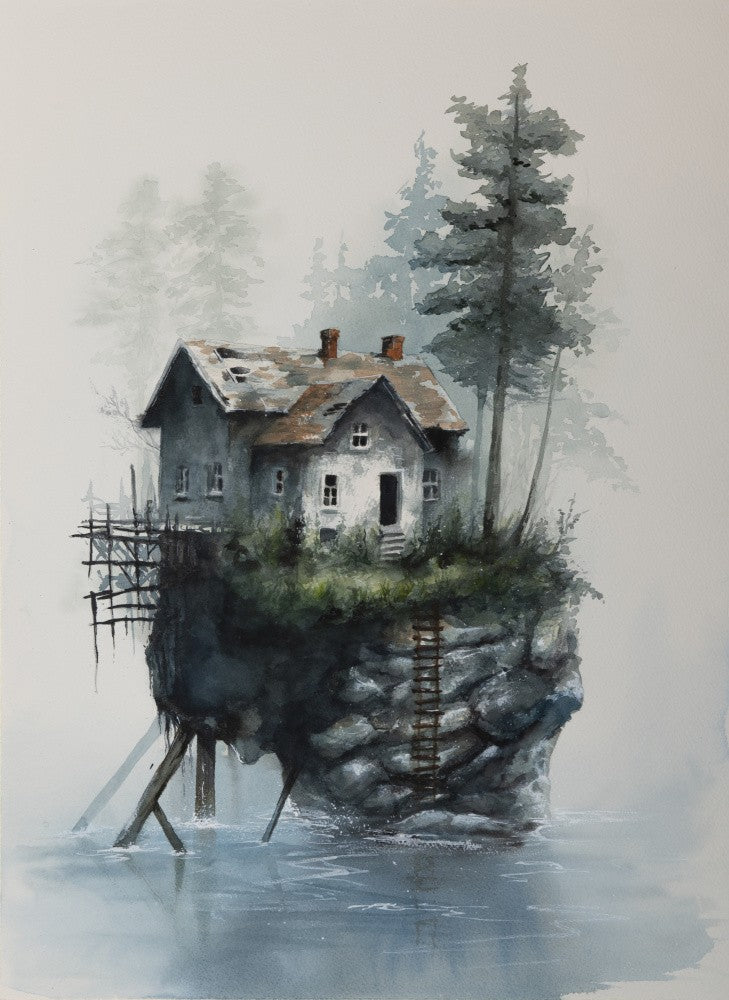 Rustic House on a Misty Cliff