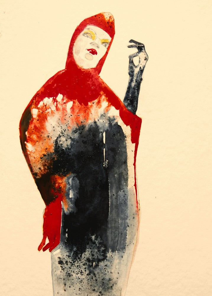 Minimalist Figure in a Vibrant Red and Blue Cloak