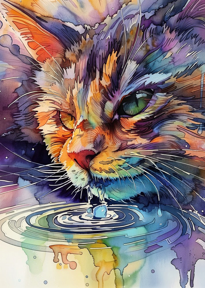 Watercolor cat drinking water (170)