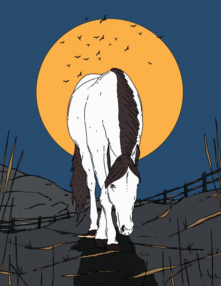 Horse Against A Vibrant Orange Moonlit Backdrop
