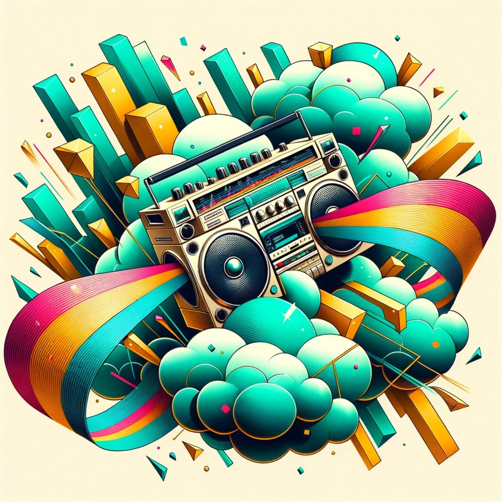 Floating Boombox In Geometric Skies