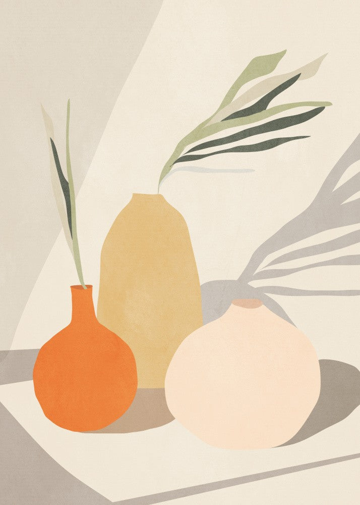 Abstract Vases With Green Leaves