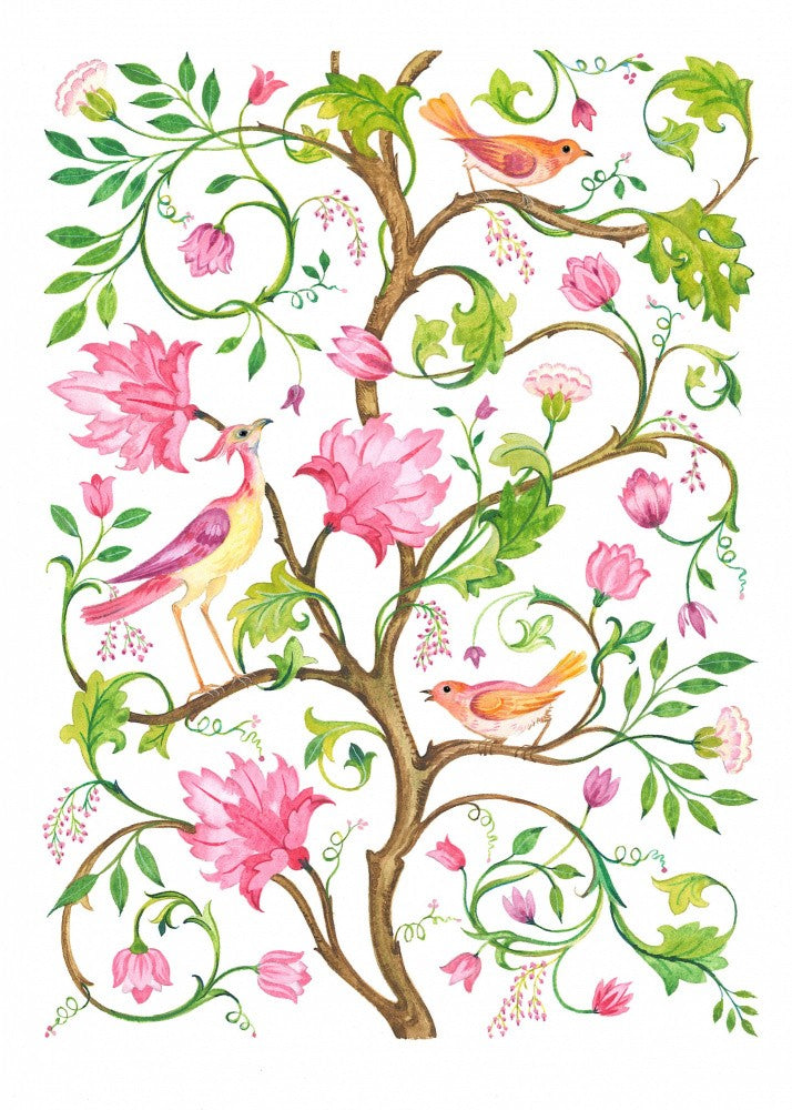Pink Flowers and Colorful Birds