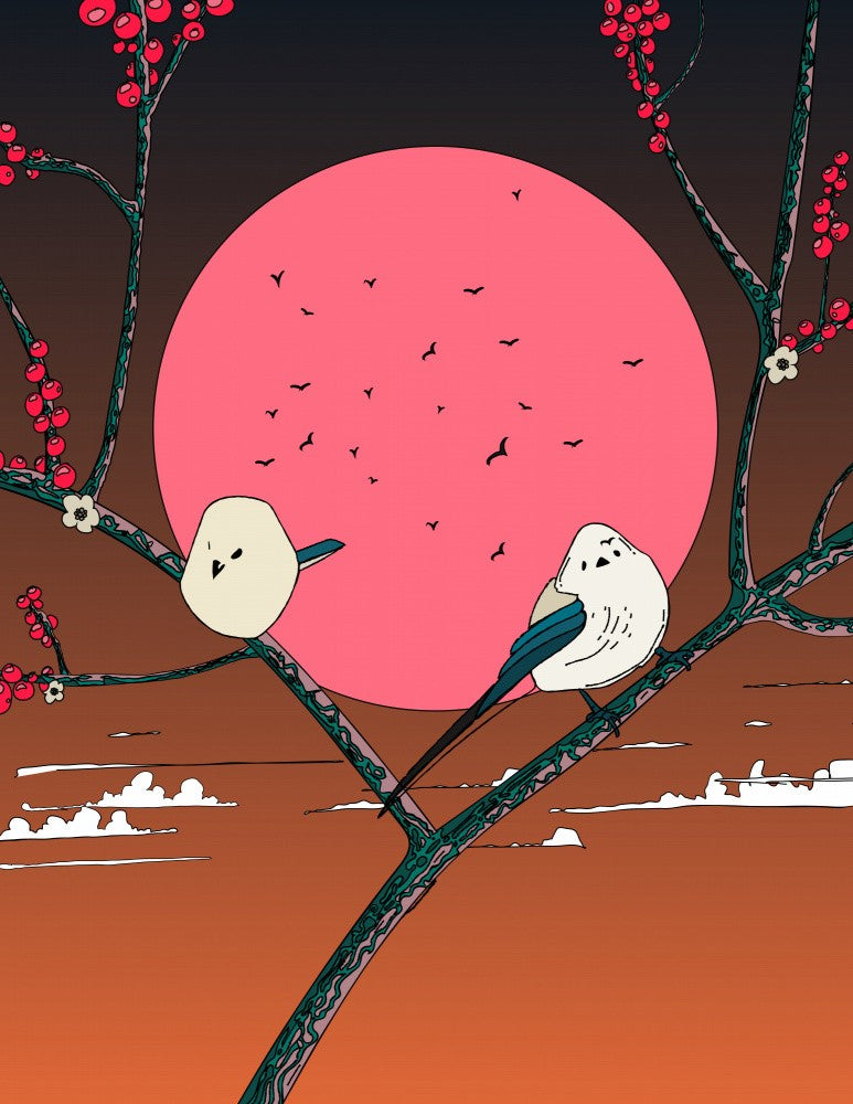 Two Stylized Birds Perched on Branches