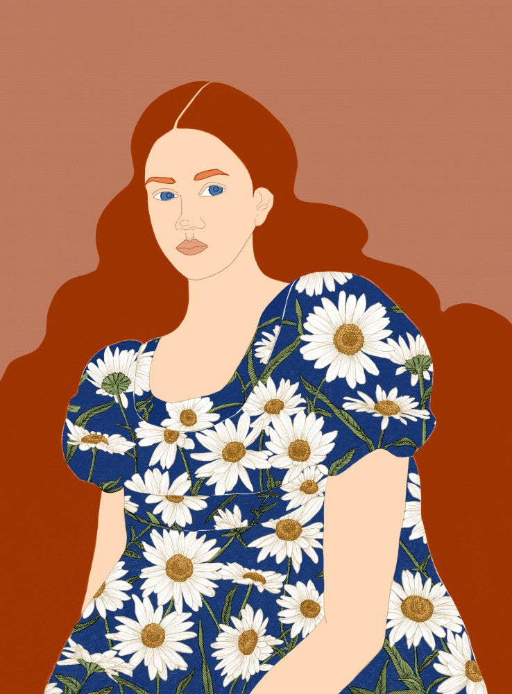 Woman Wearing a Dress Adorned with White Daisies