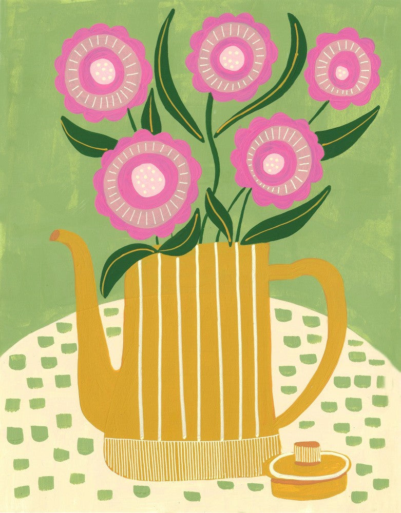 Pink Flowers In A Striped Yellow Teapot
