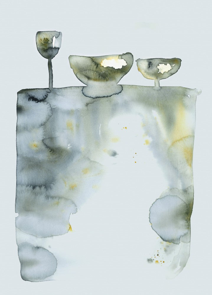 A Grey Table with Bowls and Glass