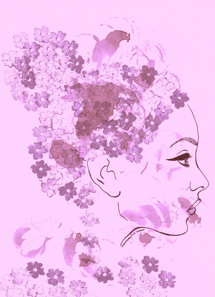 A Woman with Hair Formed by Purple Flowers