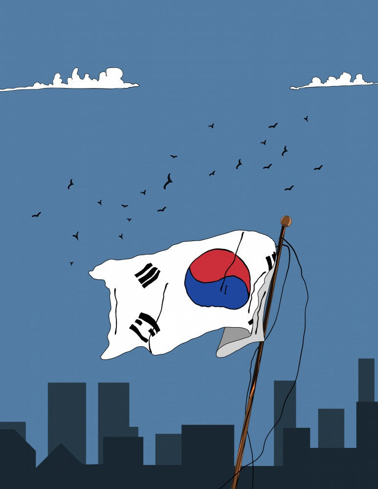 South Korean Flag Over City Skyline