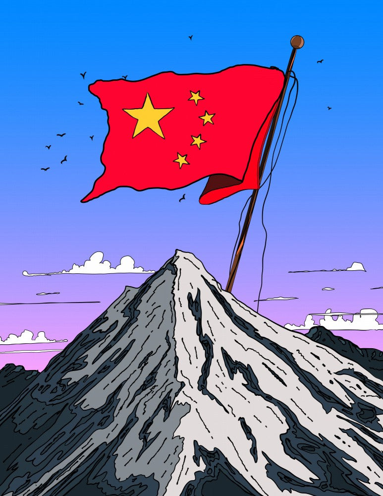 Chinese Flag Atop a Mountain Peak
