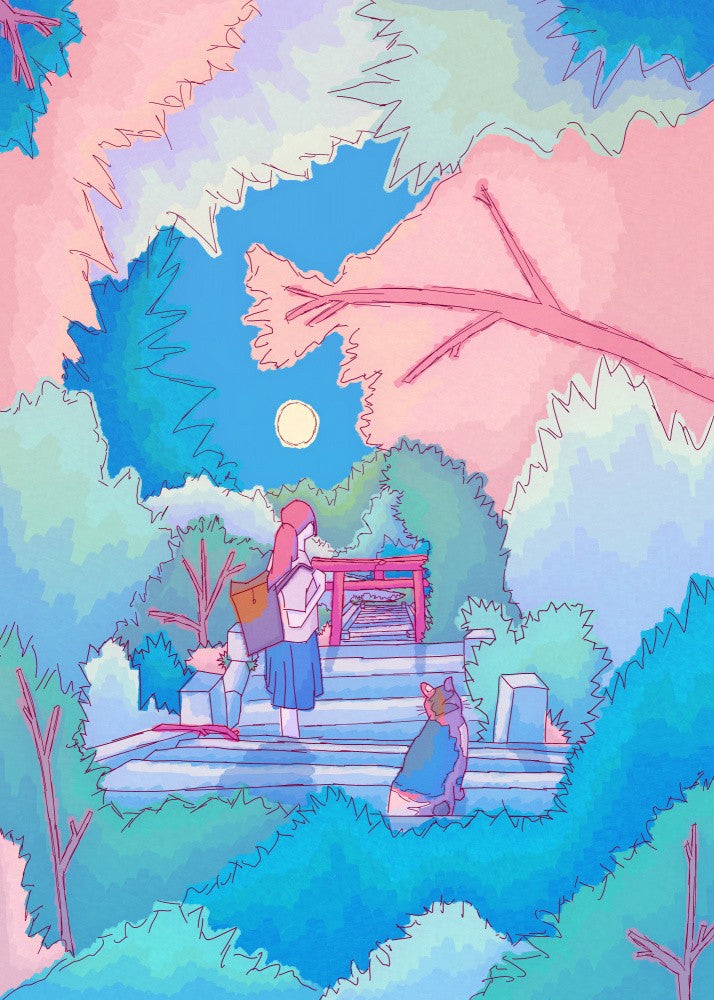 Girl With Her Cat Under A Moonlit Sky