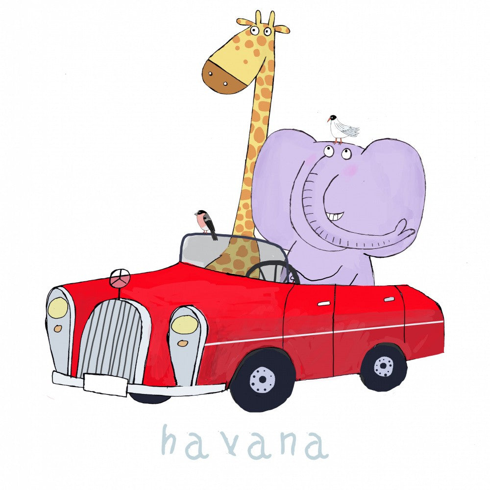 Giraffe and Elephant Driving a Classic American Car, Havana Travel Art
