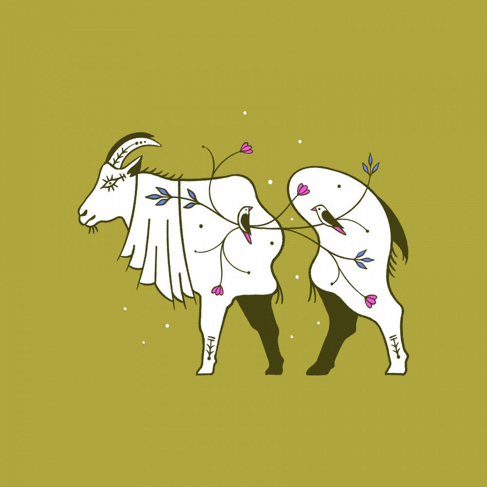 White Goat adorned with Floral Elements and Birds