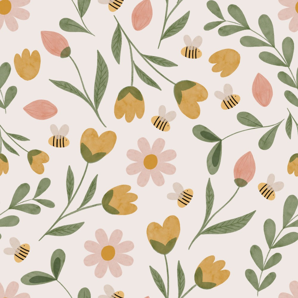 Whimsical Flowers Bees and Leaves