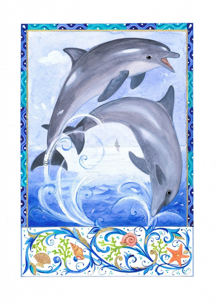 Two Playful Dolphins Above Ocean Waves