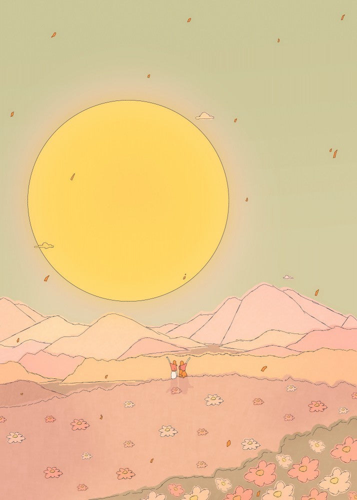 Sun Over Pastel Mountains And Blooming Flowers