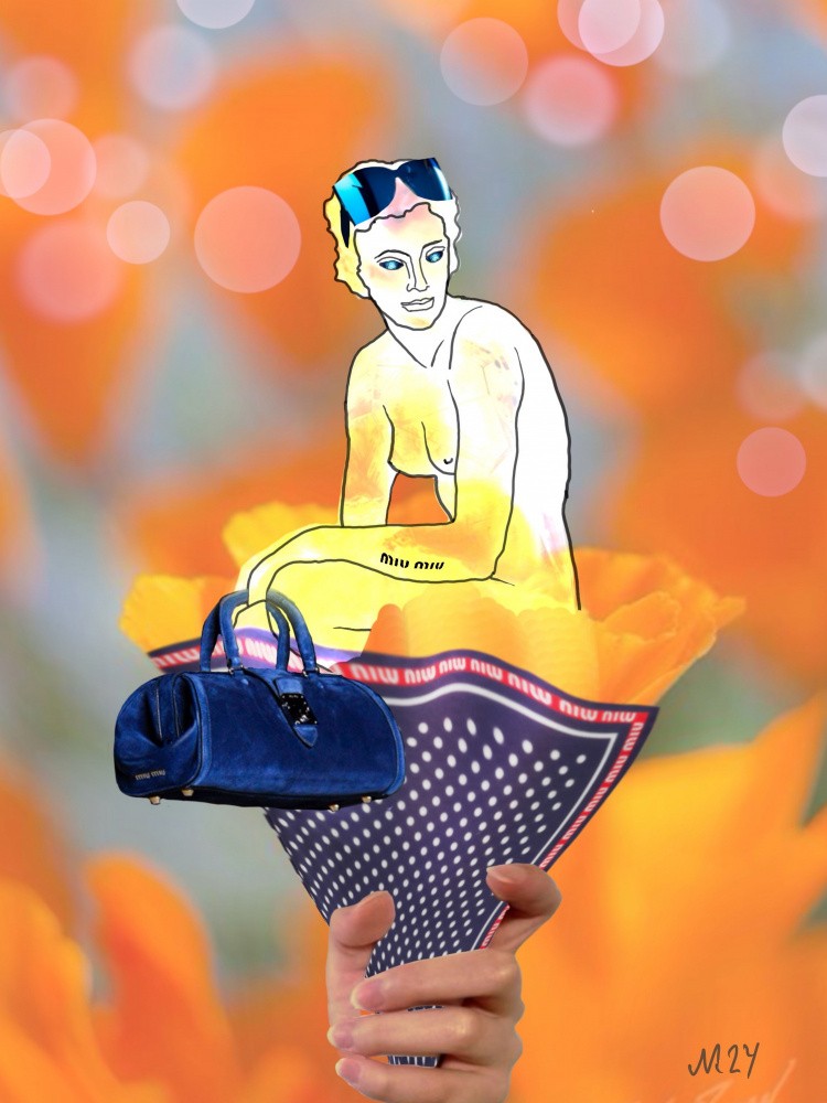 Stylized Nude Figure with Sunglasses Sitting on Vibrant Petals