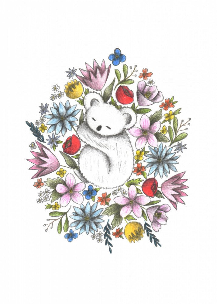 Cuddly White Bear Nestled in Colorful Flowers