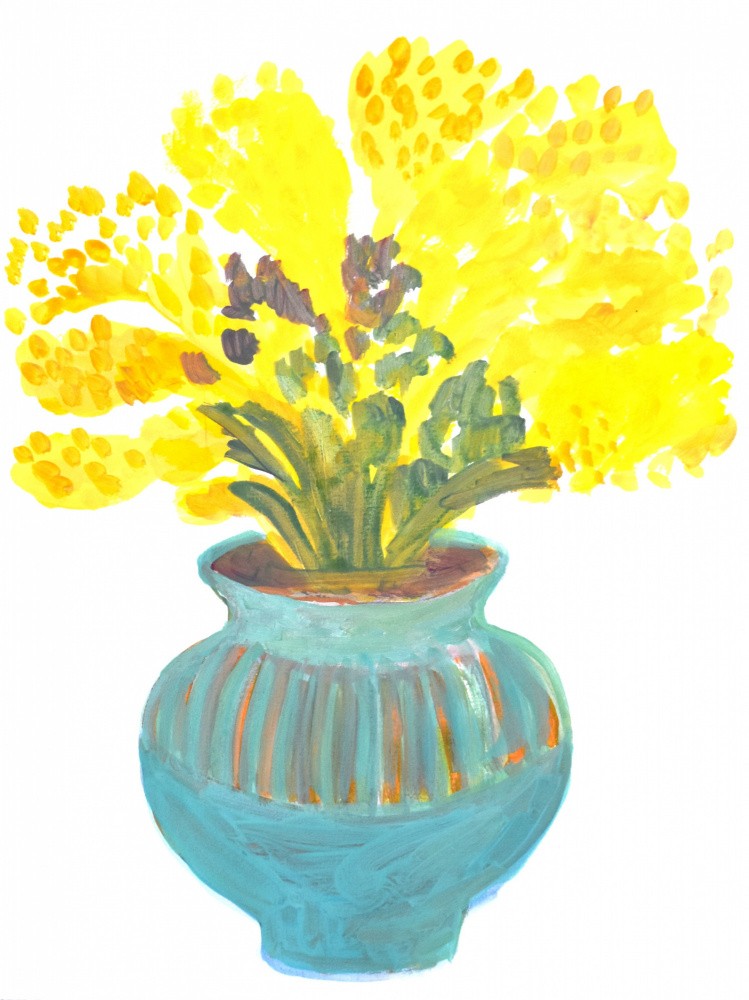 Blue Vase With Bright Yellow Flowers