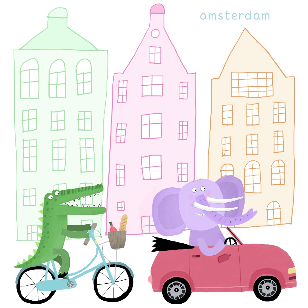 Ein Krokodil auf einem Fahrrad und ein Elefant in einem Auto