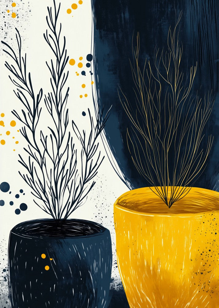 Plants In  Blue And Yellow Pots