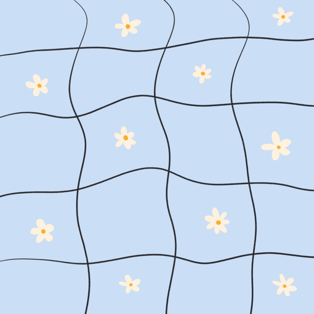 Wavy Grid With Daisies light blue