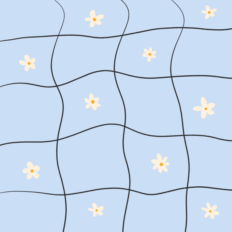 Wavy Grid With Daisies light blue