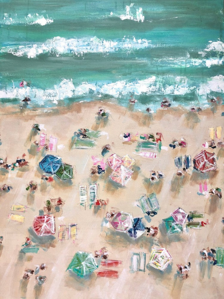 Colorful Umbrellas and Sunbathers on a Sandy Shore