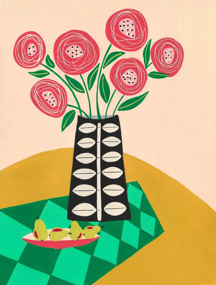 Stylized Red Flowers In A Geometric Black Vase