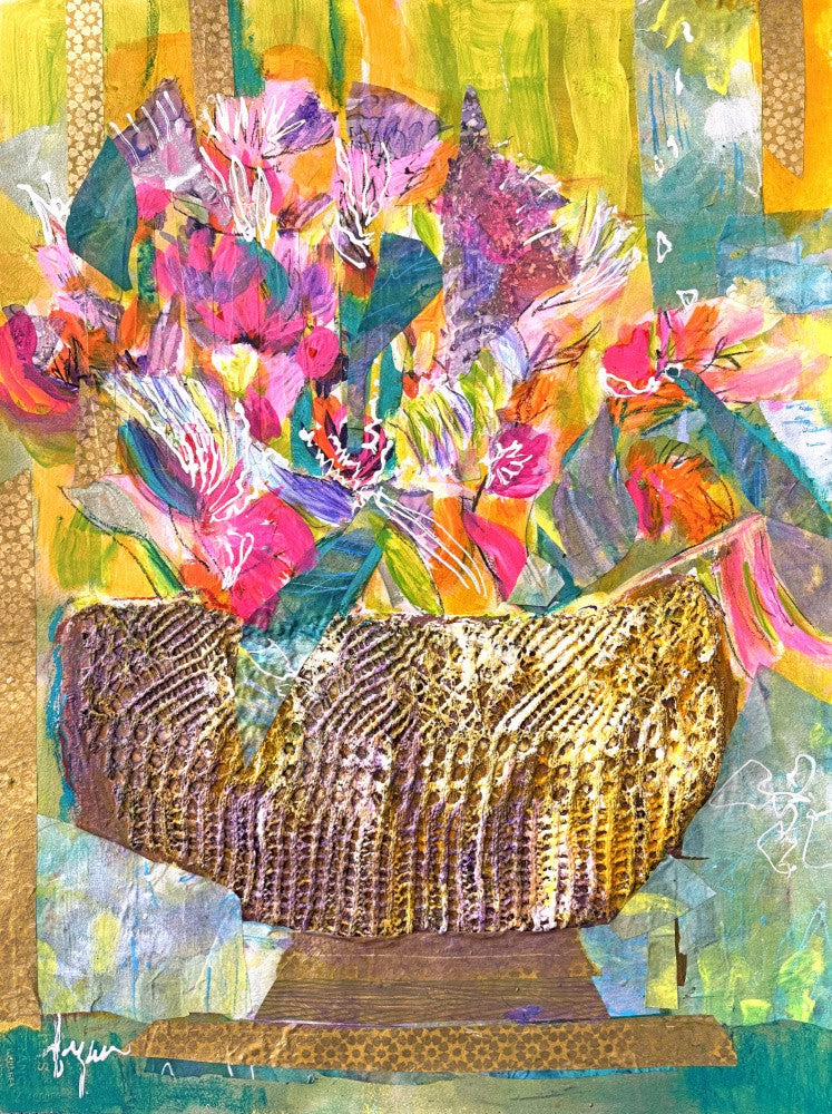 Golden Basket with Colorful Flowers