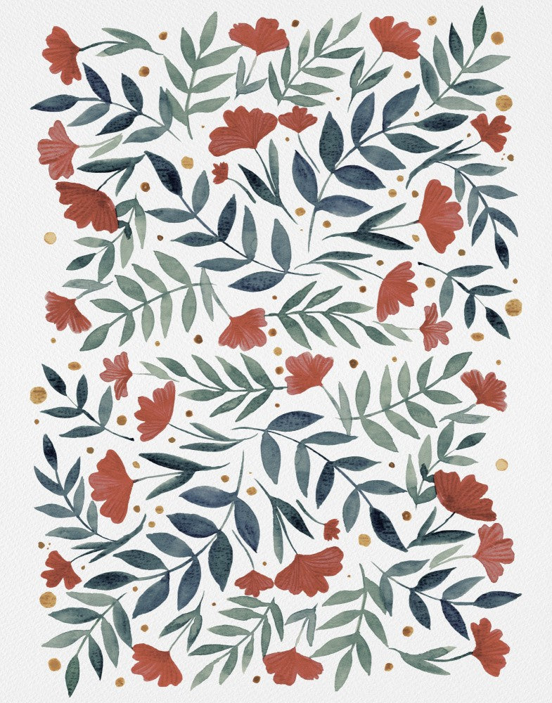 Botanical Pattern with Red Flowers