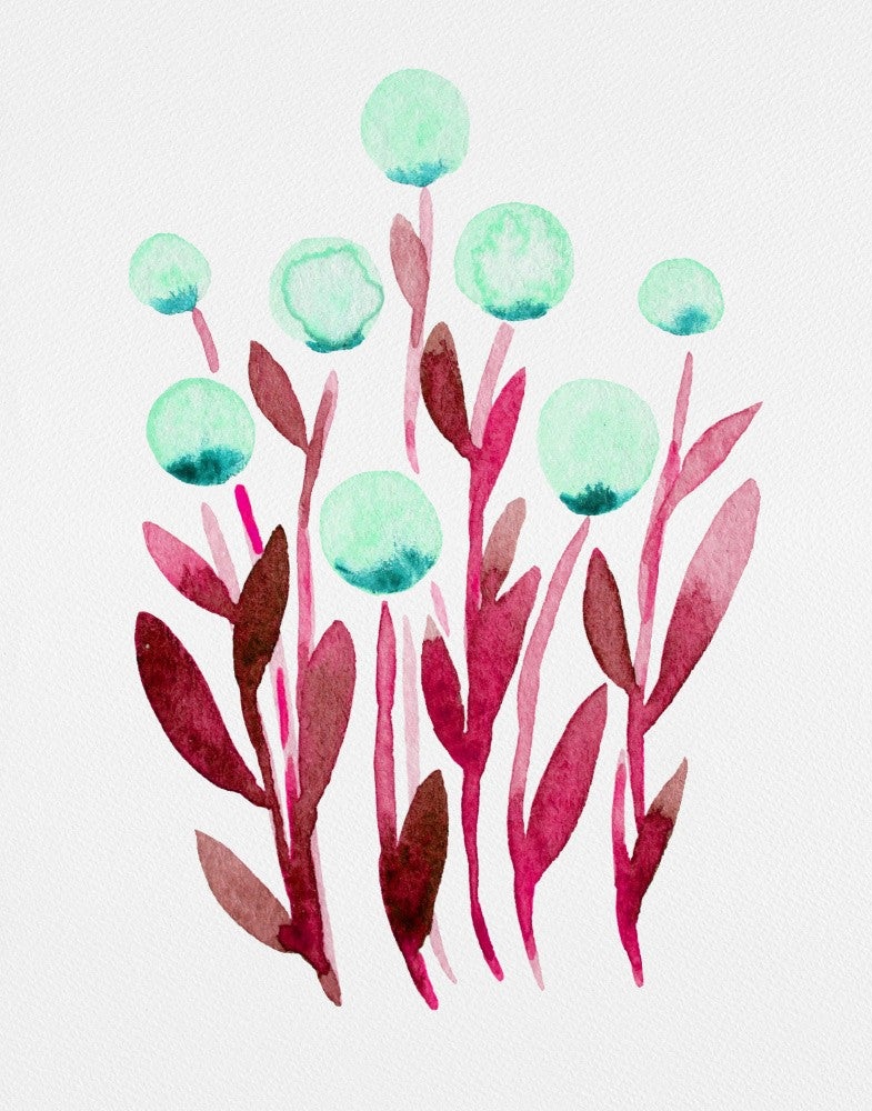 Teal Flowers with Red Leaves