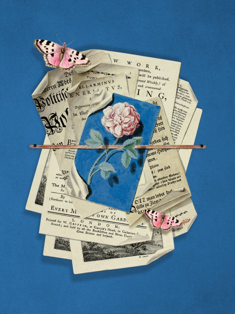 Pink Rose Surrounded By Vintage Paper