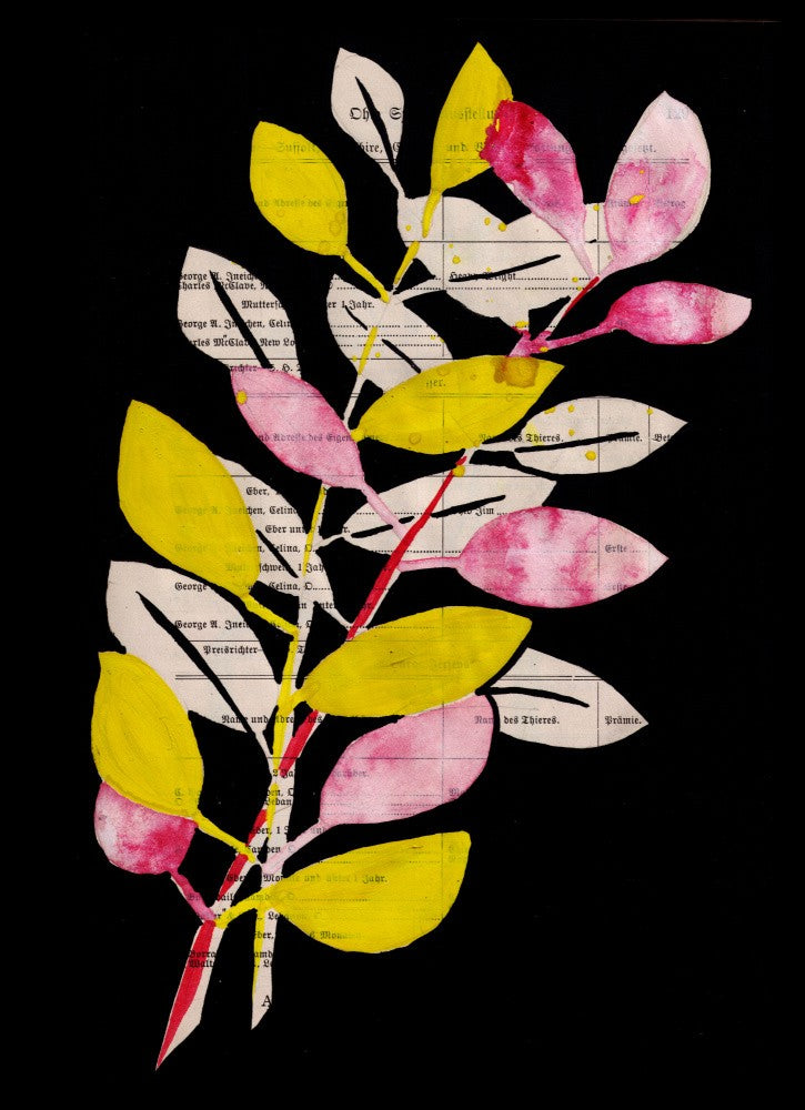 Rosa und gelbe Blätter mit schwarzem Hintergrund Gouache-Malerei