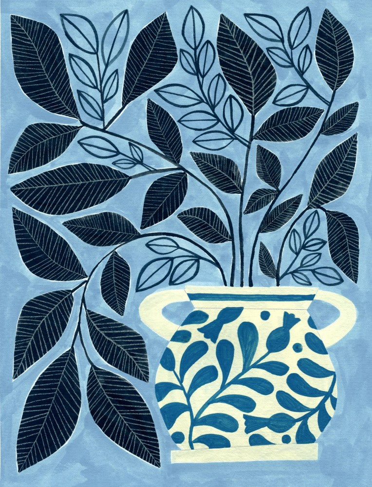 Stilisierte blaue Blätter in einer dekorativen Vase