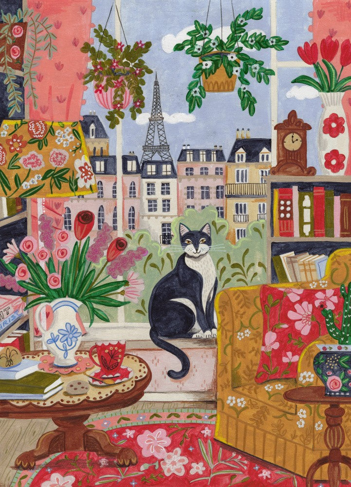 Cat in front of window in Paris bright colours