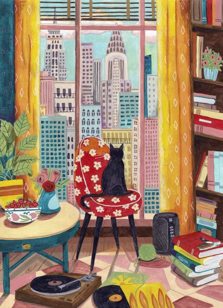 Cat in front of window in New York bright colours
