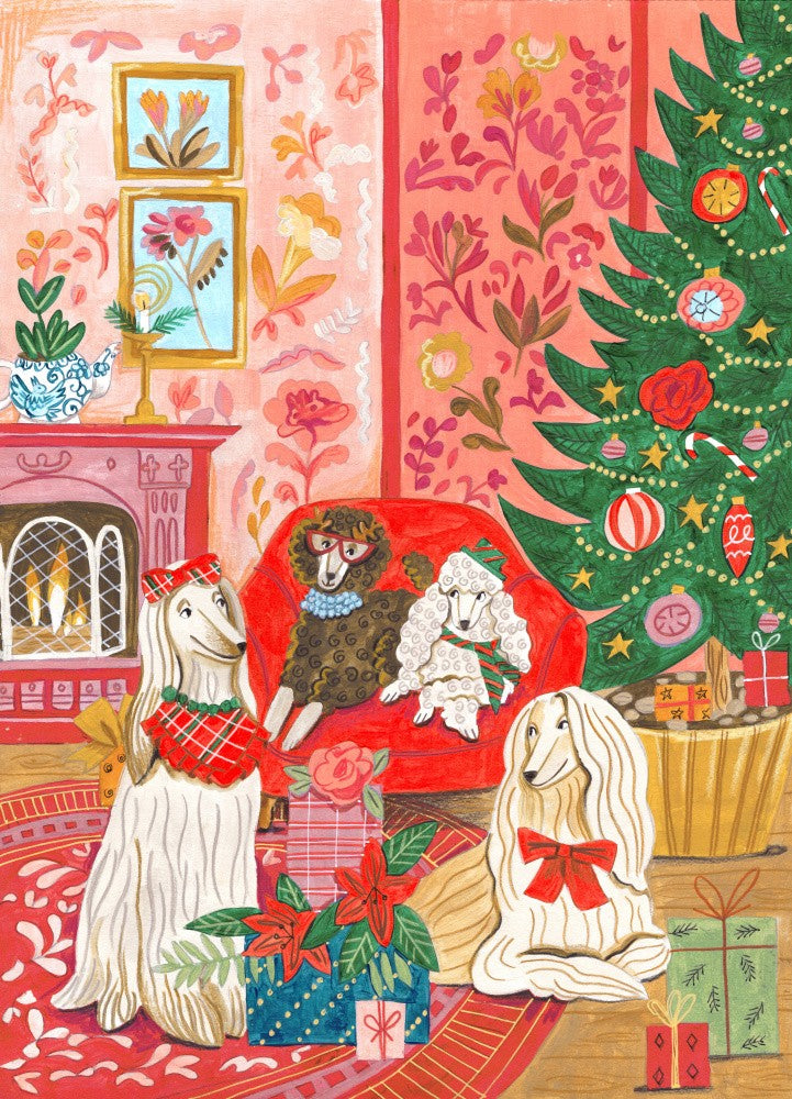 Dogs in cosy living room at Christmas in bright colours