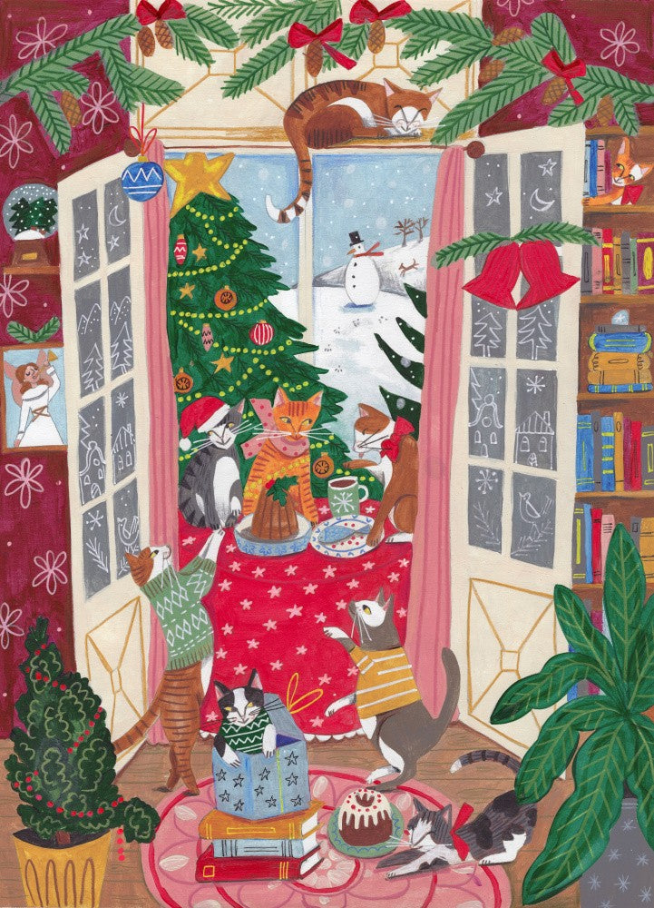 Cats in the Window at a Snowy Christmas in Bright Colours