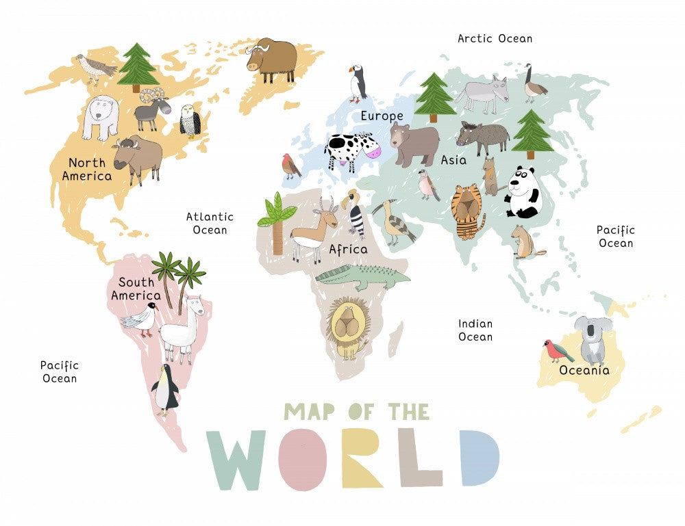 Map of the World with Cute Animals