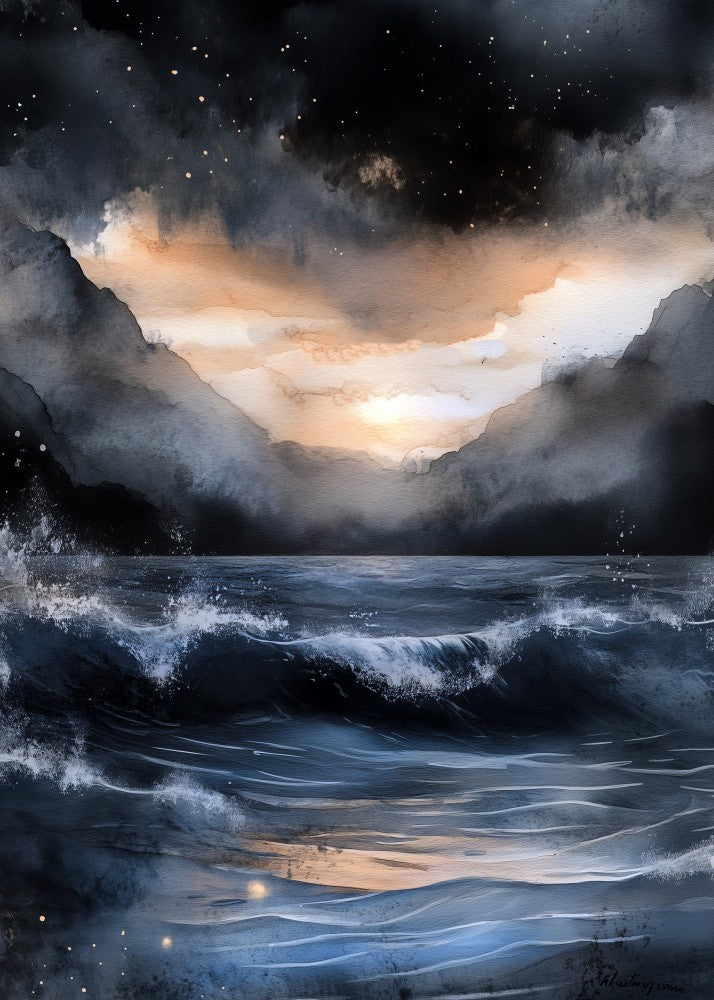 Stormy seascape watercolor painting